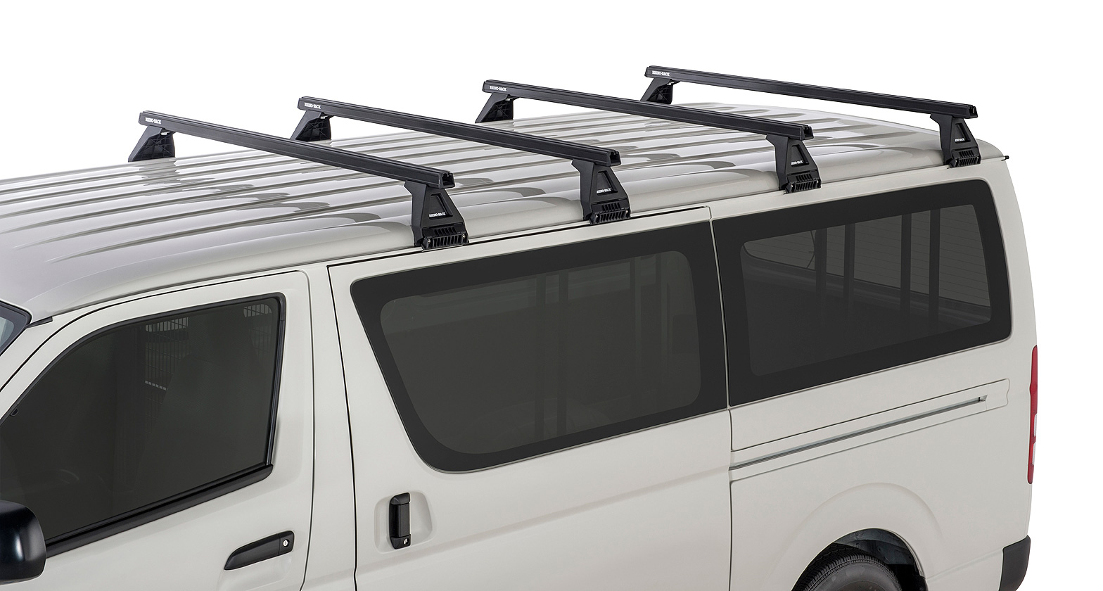 Rhino Rack JA0847 Heavy Duty RL150 Black 4 Bar Roof Rack for Toyota Hiace H200 4dr LWB Low Roof with Rain Gutter (2005 to 2019) - Gutter Mount